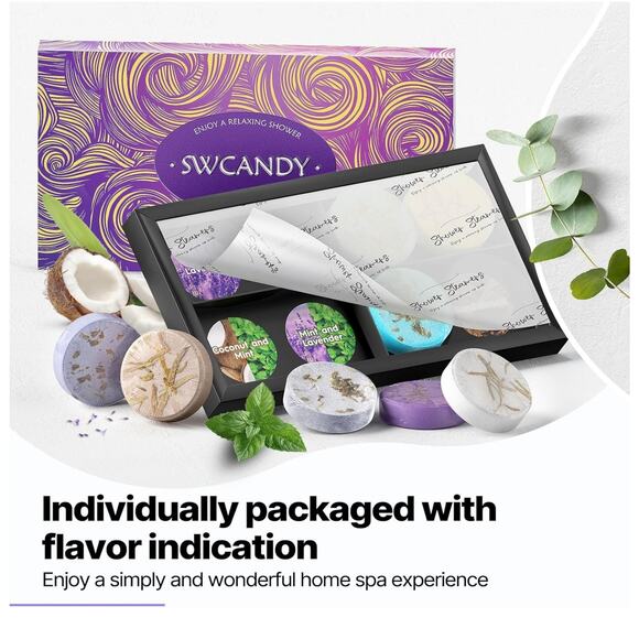 SHOWER STEAMERS LAVENDER AROMATHERAPY 8 PIECE GIFT BOX BATH BOMBS ESSENTIAL OILS - Picture 6 of 7